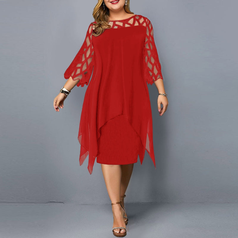 Elegant Midi Party Dress For Chubby Women Xxl O Neck Lace Sleeve Hollow Out Solid Sexy Women&