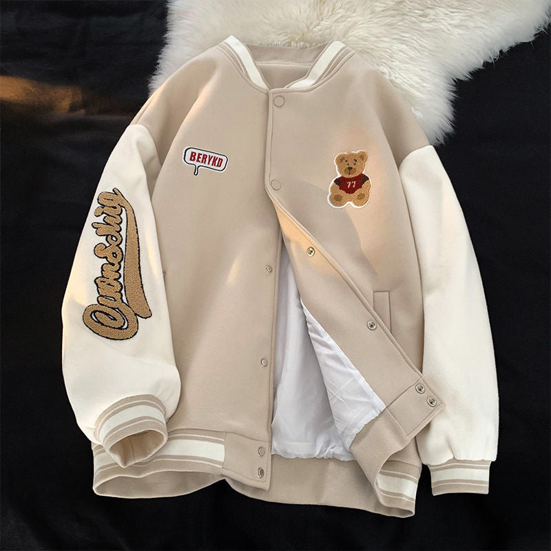 Bear embroidered baseball jacket women&