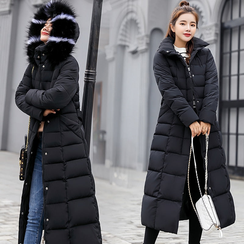 2022 new winter jacket women&#39;s warm fashion bow belt fox fur collar coat long dress women&#39;s thick coat