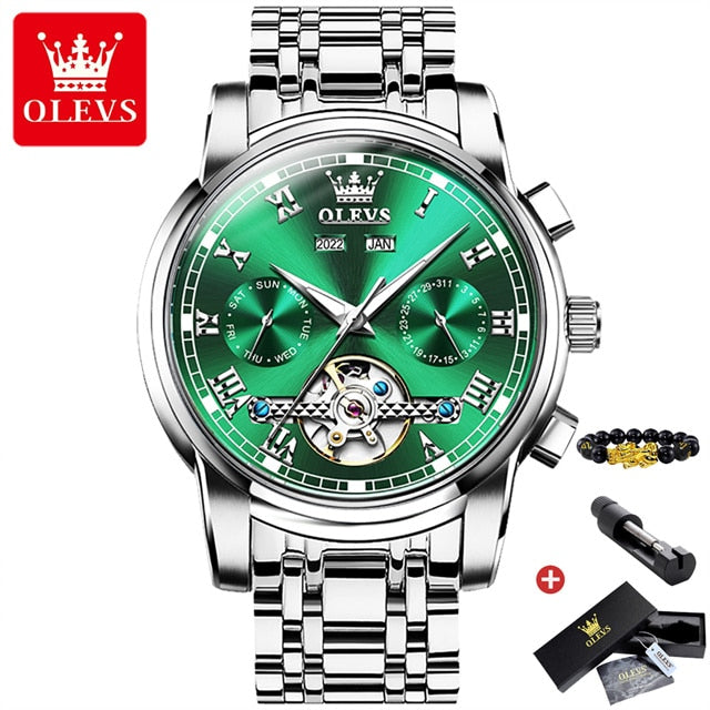 OLEVS Automatic Mechanical Watch for Men Date Calendar Skeleton Wristwatch Stainless Steel Classic Business Men&