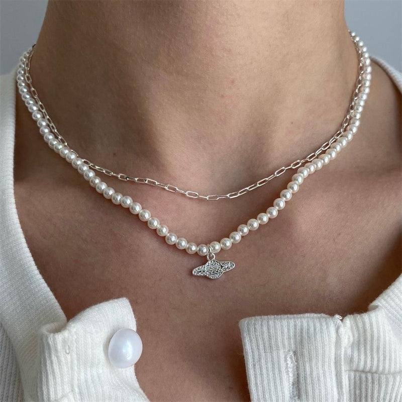 Y2K Jewelry Chain Vintage Crystal Zircon Planet Saturn Pearl Choker Necklace For Women Female Couple Saturn Pendants Necklace