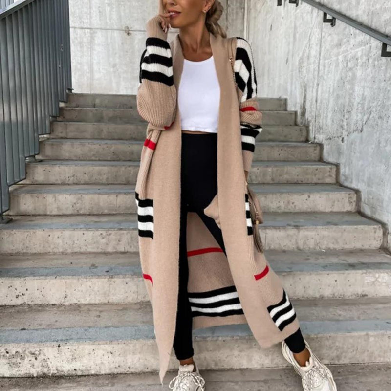 Autumn Winter Knitted Cardigan Women Striped Patchwork 2022 Elegant Loose Long Outerwear Maxi Y2k Sweater Coat Soft Jacket