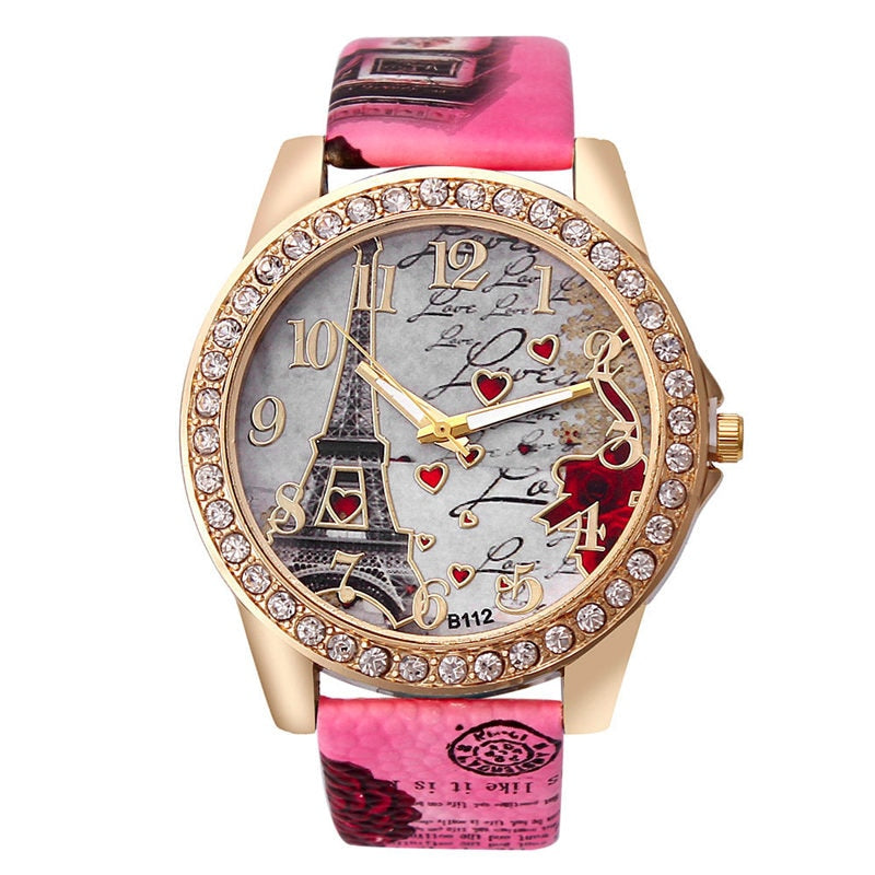 Women Watches Fashion Luxury Crystal Paris Eiffel Tower Watch Diamond Leather Band Ladies Quartz Wristwatch Casual Ladies Watch