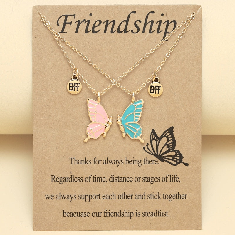 2PCS Best Friend Butterfly Necklaces BFF Friendship Necklace for 2 Girls Lover Couple Necklace Long Distance Birthday Gifts