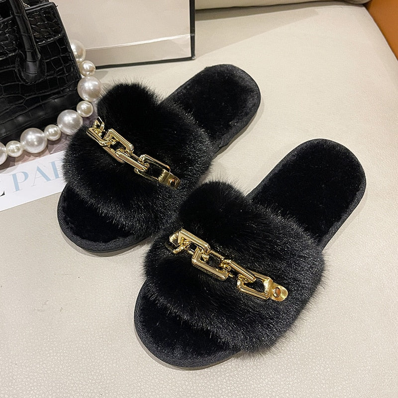 Fashion Chain Design Women Home Slippers Solid Color Open Toe Indoor 2022 Winter Flat Non-slip Leisure Interior Female Shoes
