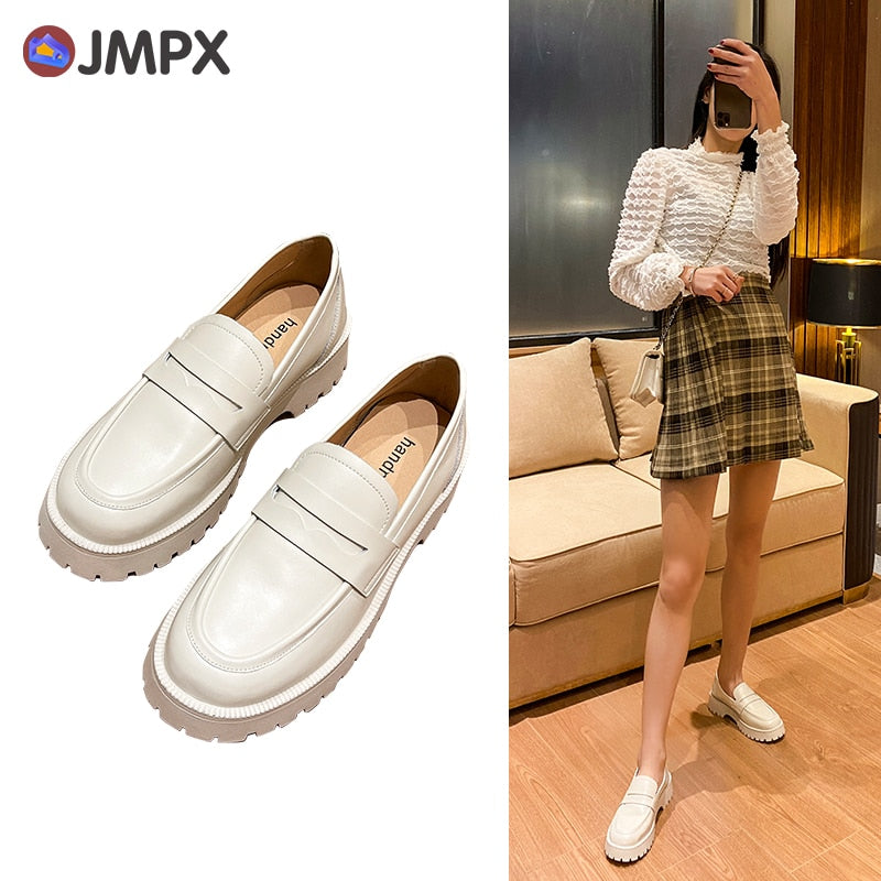 JMPX 2022 Brand Women Real Leather Shoes Fashion Autumn White High Platform Thick Heel Shoes Big Size 42 Woman Office Lady Pumps