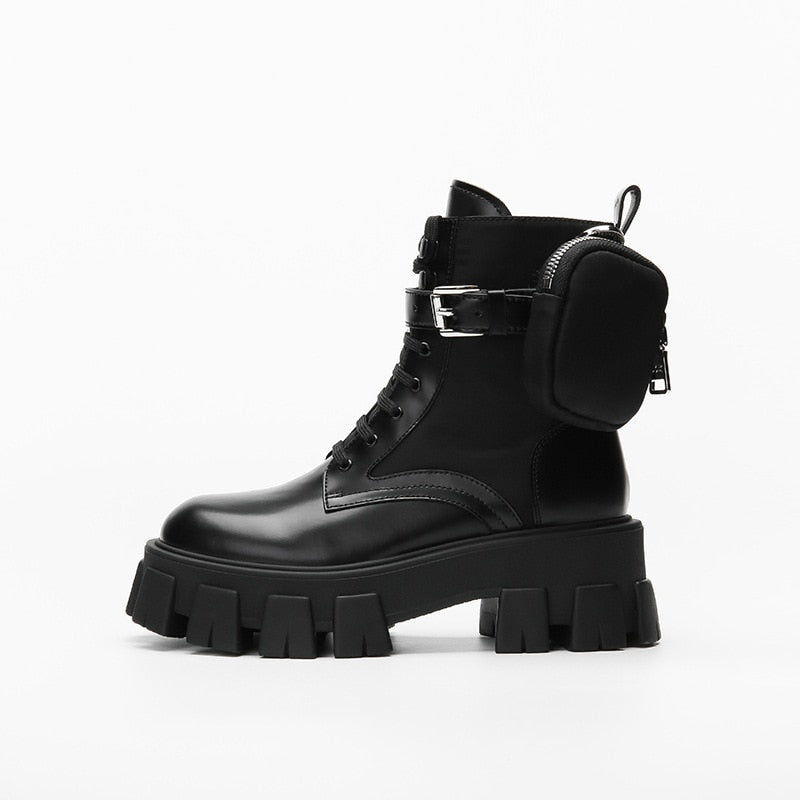 Black Punk Ankle Thick-soled Motorcycle Ankle Boots Women&