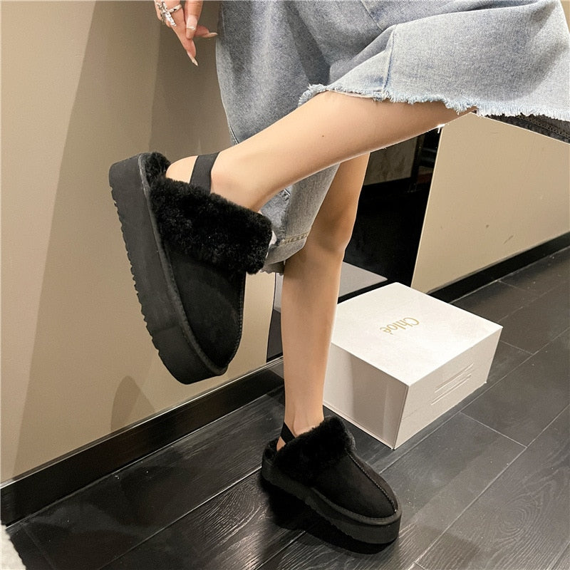 Winter Brand Plush Cotton Slippers Women Flats Shoes 2022 New Fashion Platform Casual Home Suede Fur Warm Slingback Flip Flops