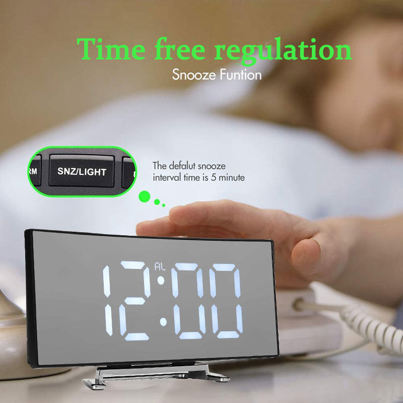 Led Alarm Clock Digital Child Electronic Alarm Clocks Curved Screen Mirror Temperature Clock with Snooze Function Desk Clock