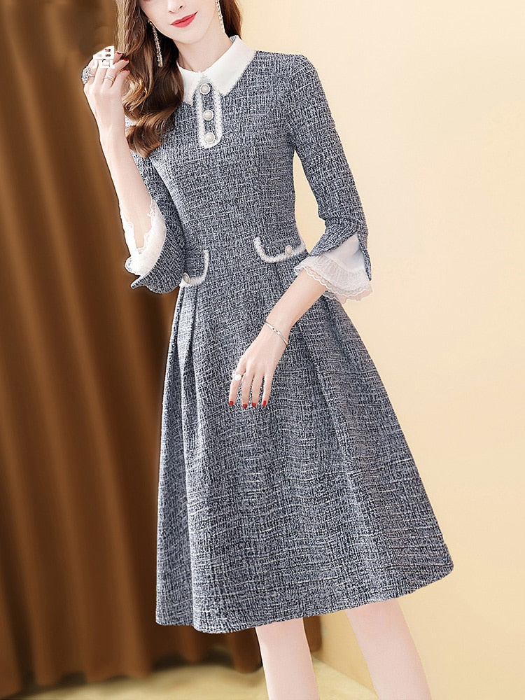 EVNISI Women 2022 Winter Grey Dress Tweed Dress For Party A-Line Flare Sleeve Woolen Dress Holiday Vestidos Thick Outerwear