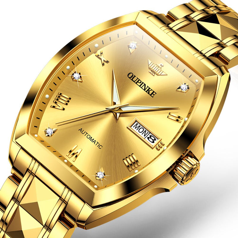 OUPINKE Men Gold Luxury Dress Watches Automatic Mechanical Tonneau Sapphire Crystal Tungsten Steel Date Waterproof Luminous Gift