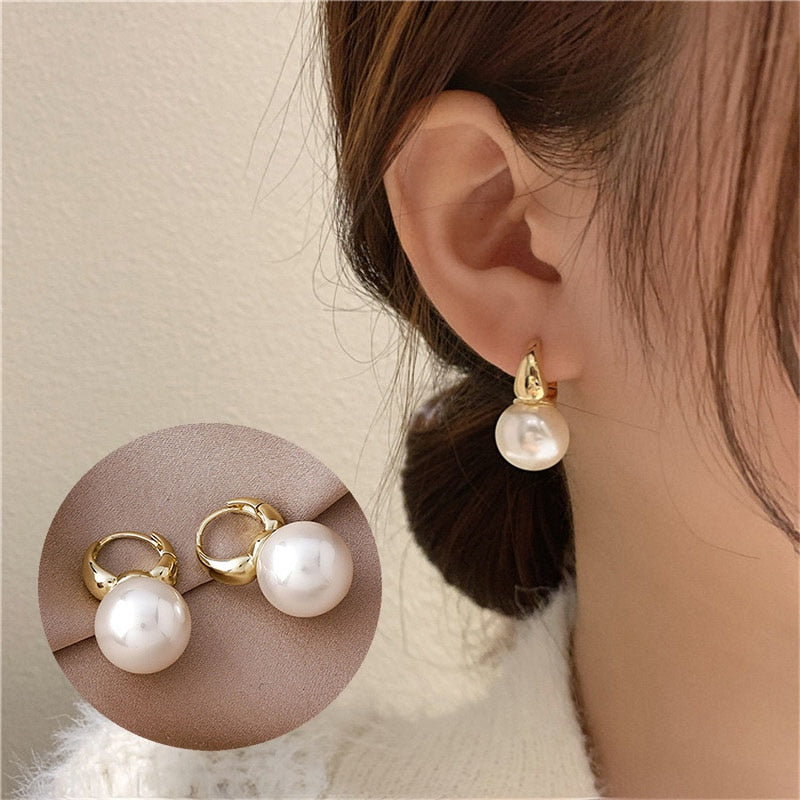 New white boho imitation pearl round circle hoop earrings female gold color big earrings korean jewelry statement earrings