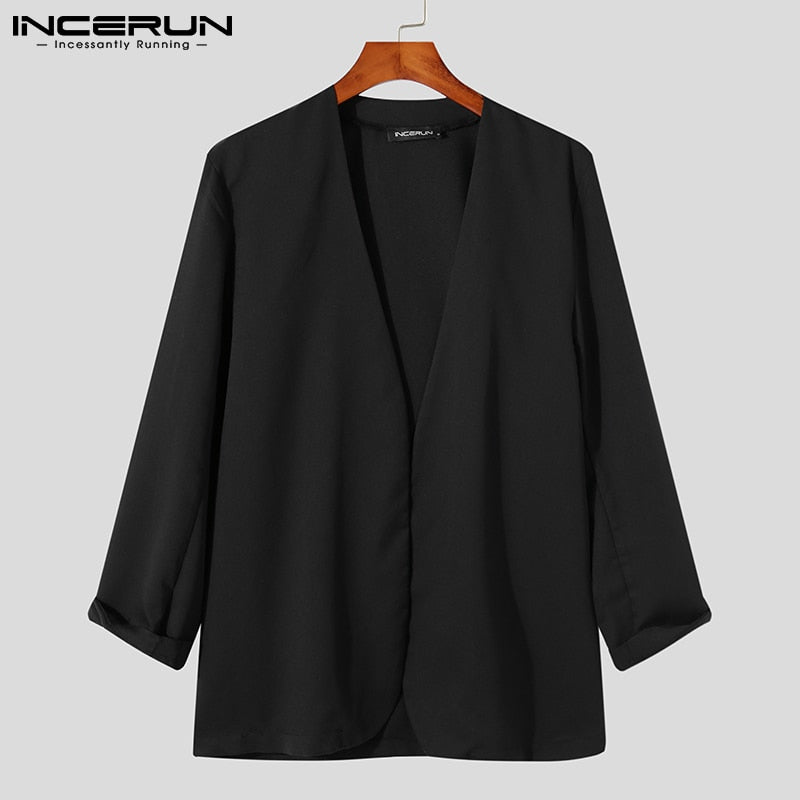 Stylish New Men Blazer Leisure Style Loose Buttons Male All-match Simple Collarless Long-sleeved Suits S-5XL INCERUN Tops 2022