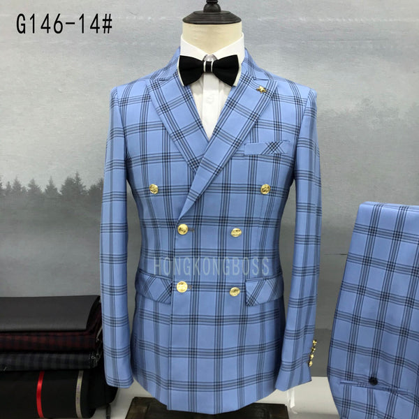 Men Double Breasted Suit Trousers / 2022 Business Formal Dress Slim Fit Groomsmen Groom Wedding Dress Plaid Blazers Jacket Pants