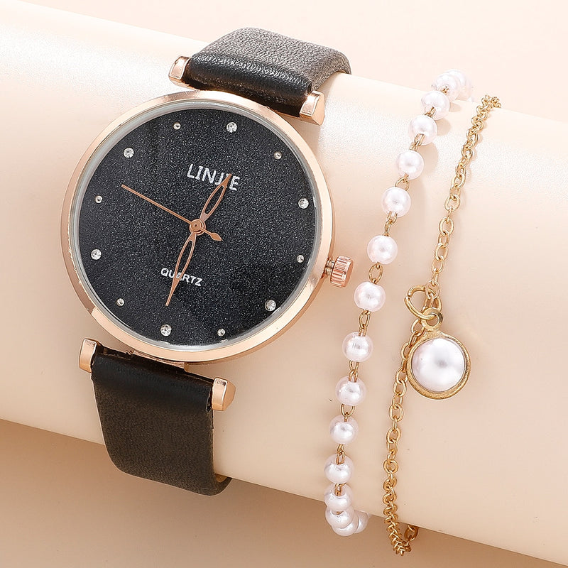 Ladies Watch Set Fashion Starry Dial Bracelet Women&#39;s Leather Strap Quartz Girl&#39;s WristWatch（No Box）