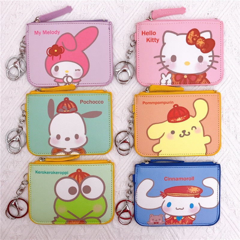 Kawaii  Sanrio Cartoon Bag Cinnamoroll Melody Pachacco Pom Pom Purin Kuromi Leather Card Holder Cute Coin Purse Keychain Pendant