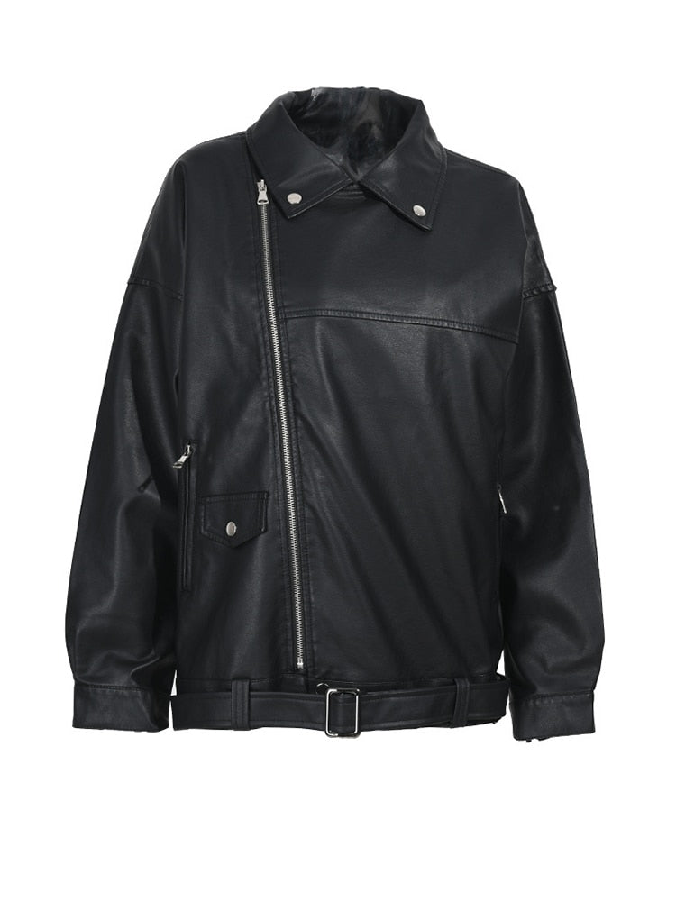 [EAM] High Quality 2022 Spring Black PU Leather Loose Turn-down Collar Zipper Fashion New Women's Wild Jacket LA938