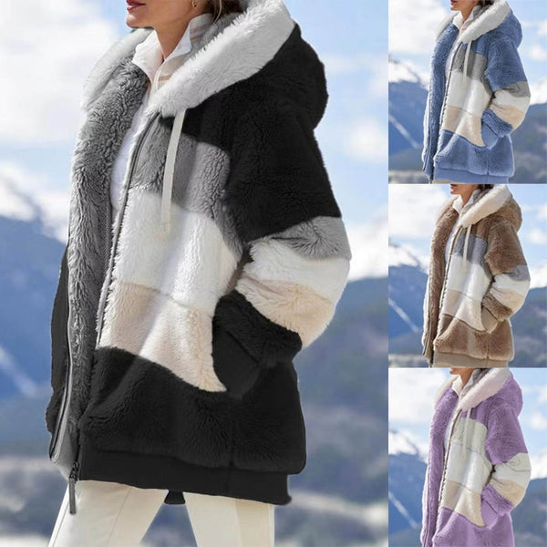 2022 Women Hooded Jackets Winter Fleece Warm Zipper Casual Patchwork Coats Fashion Loose Faux Fur Parka Drawstring Jackets Coats