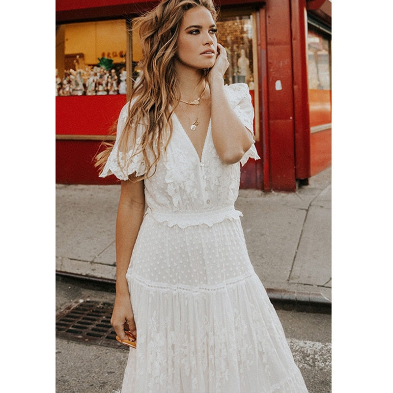 Hollow Out White Dress Sexy Women Long Lace Dress Cross Semi-Sheer Plunge V-Neck Short Sleeve Lace Maxi Dress Simple Solid