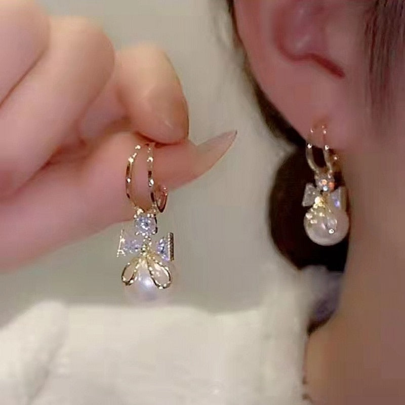 Fashion Trend Crystal Zircon Bow Pendant Earrings For Women Party Girl Imitation Pearl Dangle Earrings Luxury Wholesale Jewelry