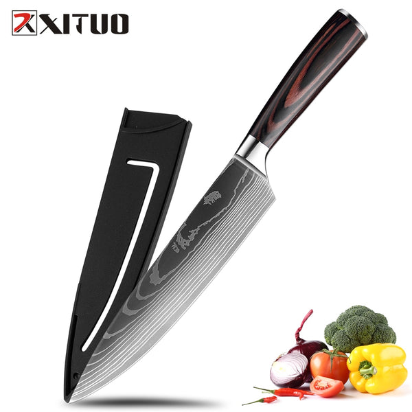 XITUO 8&quot; Professional Chef Kitchen Knife Sharp Stainless Steel Cleaver Laser Damascus Pattern Vegetable Santoku Tool 1-5PCS/SET