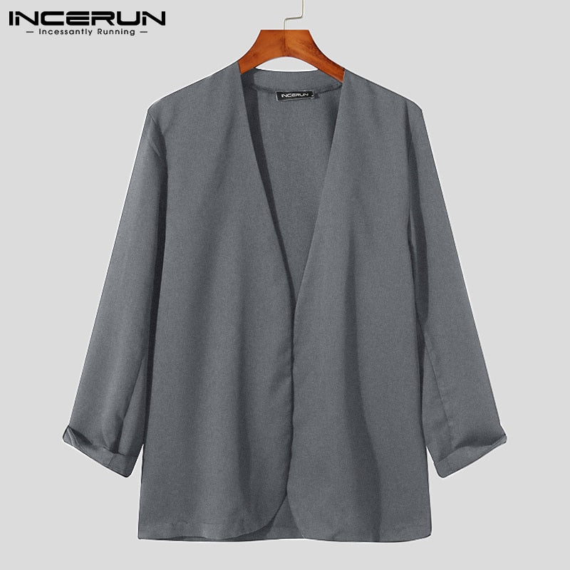 Stylish New Men Blazer Leisure Style Loose Buttons Male All-match Simple Collarless Long-sleeved Suits S-5XL INCERUN Tops 2022