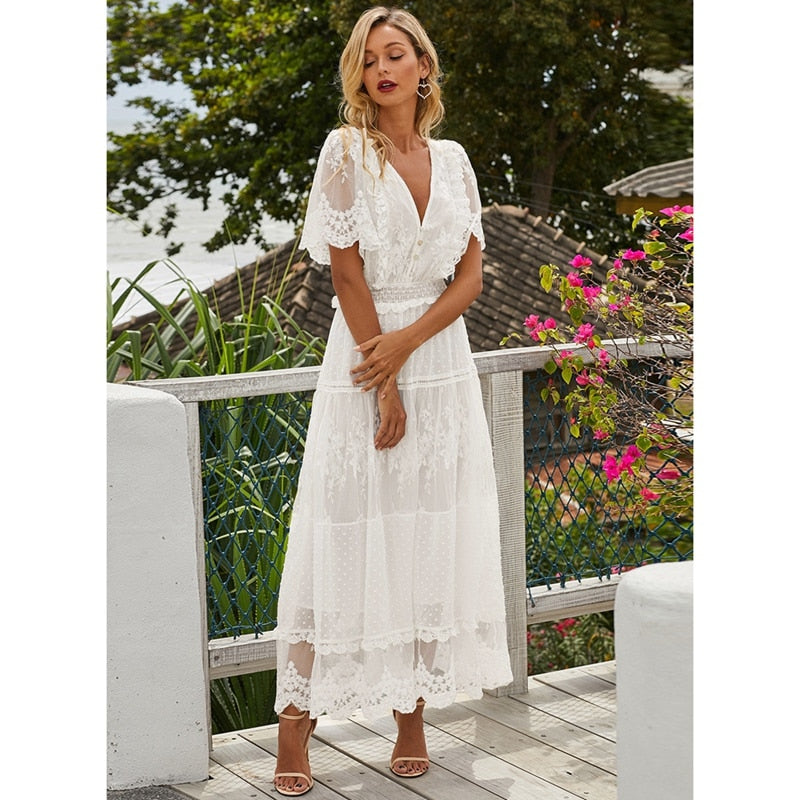 Hollow Out White Dress Sexy Women Long Lace Dress Cross Semi-Sheer Plunge V-Neck Short Sleeve Lace Maxi Dress Simple Solid