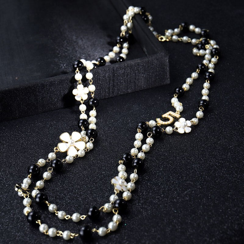 Pearl Pendants Necklace for Women Camellia High Quality Double Layers Long Chains Collares De Moda Number  Flower Party Jewelry