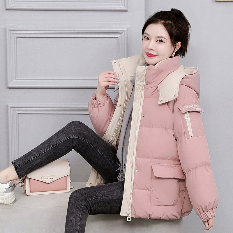 Women Autumn Winter Thicken Warm Parka Female Casual Solid Color Big Pocket Loose Hooded Short Coat Jackets Outwear