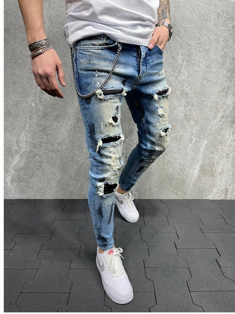 2022 Skinny Jeans Men Painted Stretch Slim Fit Ripped Distressed Pleated Knee Patch Denim Pants Brand casual trousers