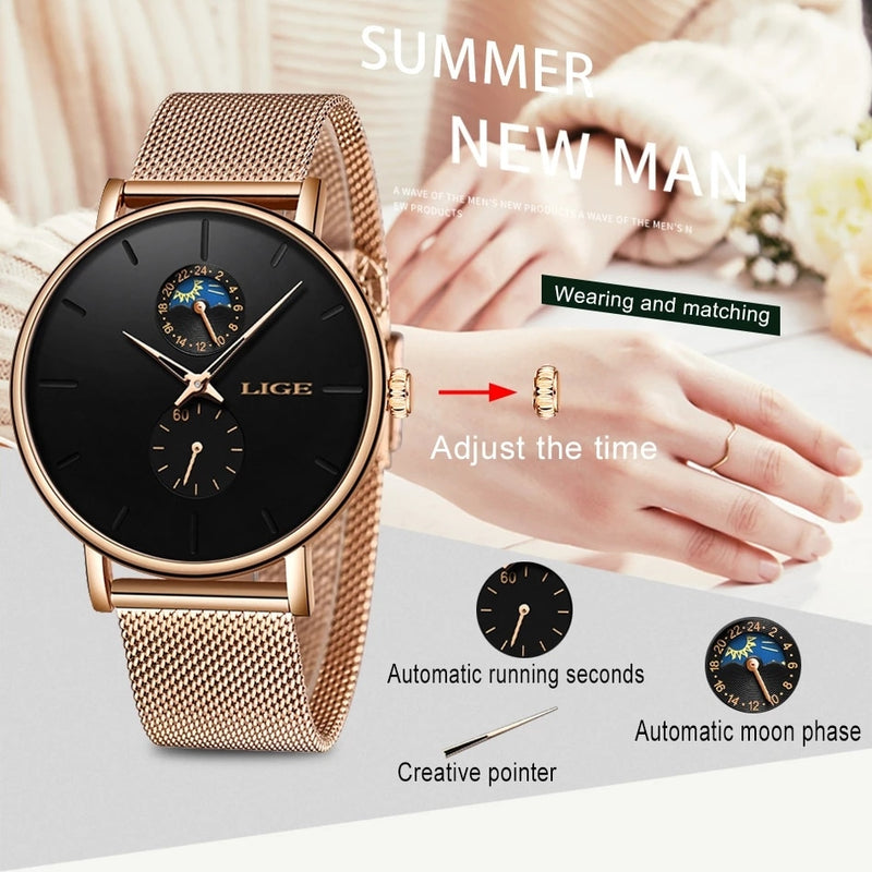 LIGE Top Brand Luxury Watch For Womens Fashion Ladies Casual Watches Steel Waterproof Quartz Wrist Watch Gift Clock Montre Femme