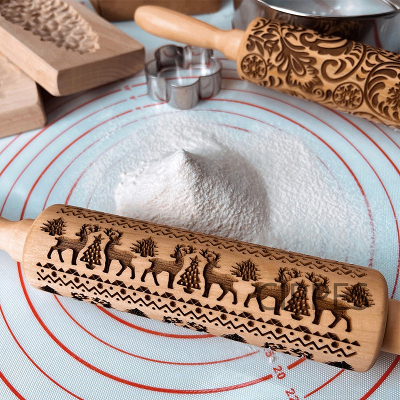 Christmas Embossing Rolling Pins With Patterns Wooden Roller Baking Embossed Cookies kitchen tools elk Snowflak