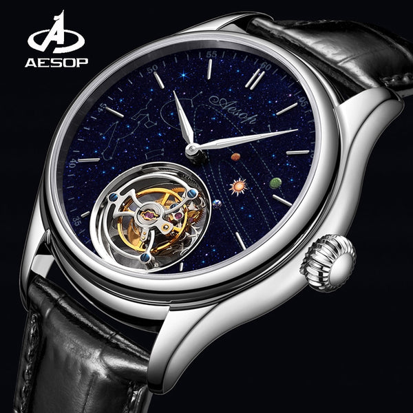 AESOP 7025 Real Tourbillon Watch Men&#39;s Sapphire Waterproof Watches For Men Mechanical Wristwatches Blue Stone relogio masculino