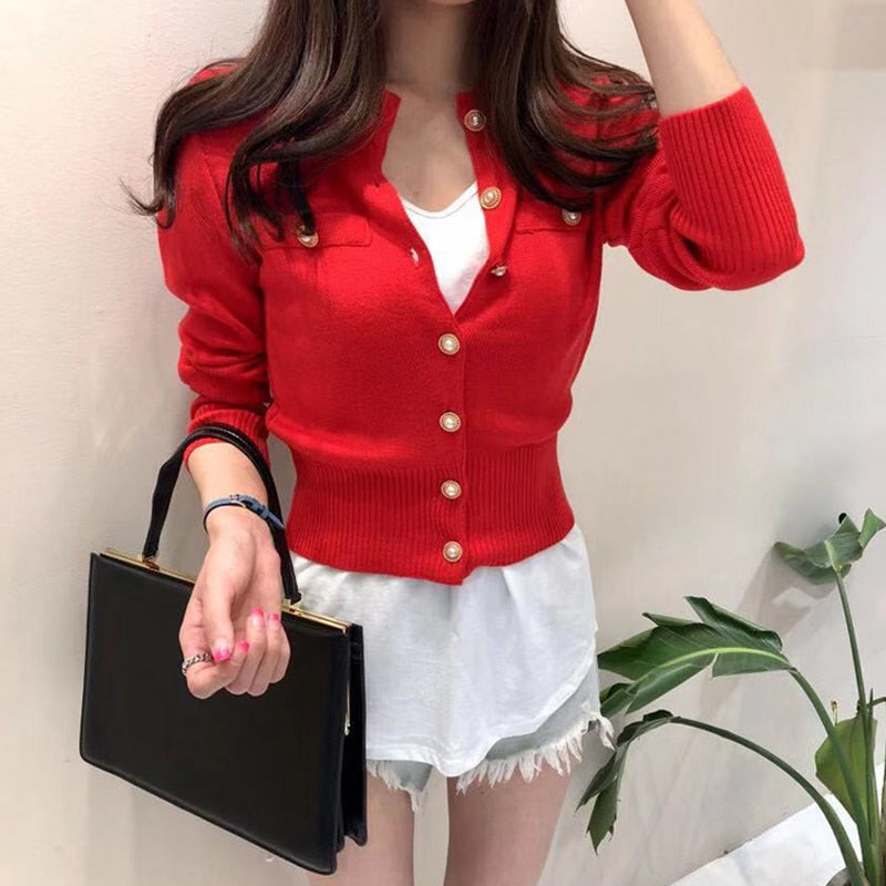 Fashion Knitted Cardigan Sweater Women Autumn Long Sleeve Short Coat Casual Korean Single Breasted Slim Top Pull Femme 17375