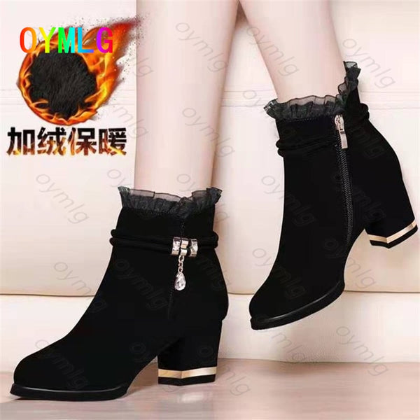 2021 spring, autumn and winter suede short boots thick heel women&#39;s boots sexy lace wild side zipper nude boots womens shoes