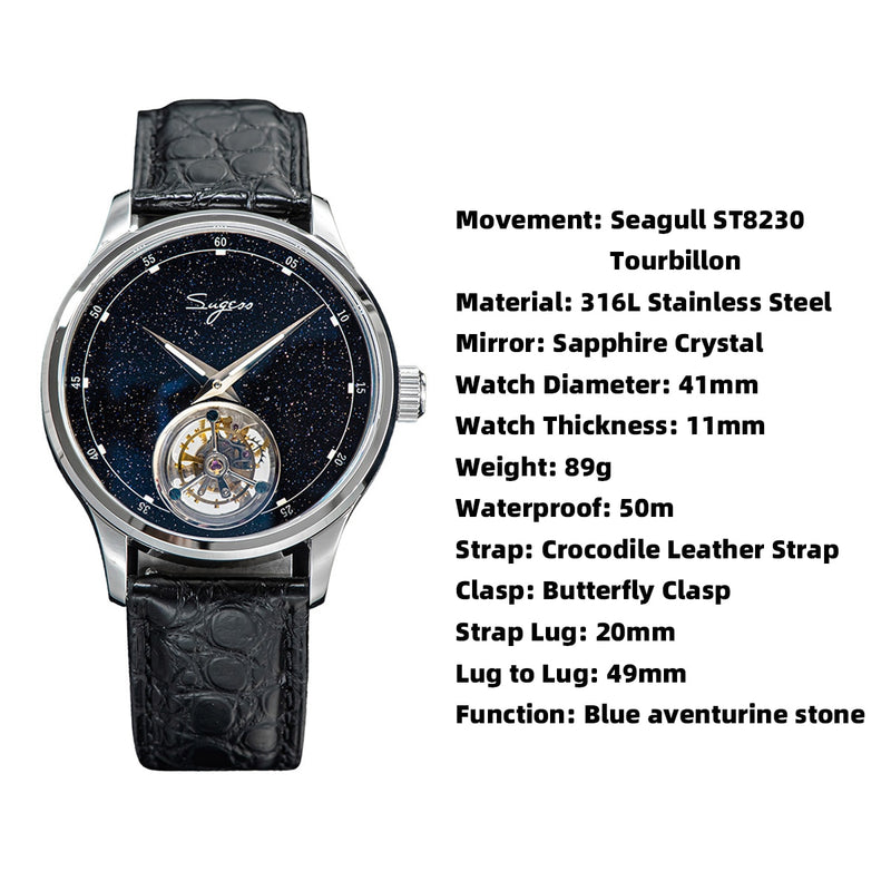 2022 Sugess Tourbillon Mens Watch Seagull ST8230 Movement Blue Aventurine Stone Luxury Mechanical Hand Wind Watches Crocodile