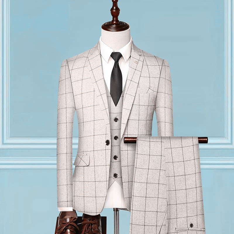 British Style Men Plaid Vest Blazer Pants 3 Pieces Set / Male Fashion High End Slim Wedding Banquet Business Suit Jacket Coat