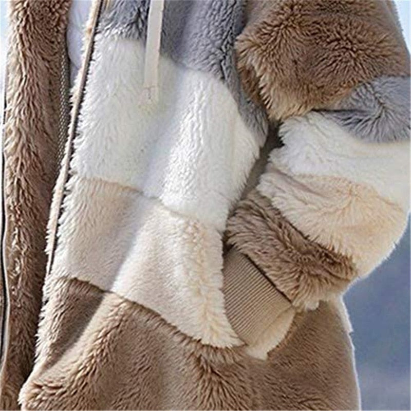 2022 Women Hooded Jackets Winter Fleece Warm Zipper Casual Patchwork Coats Fashion Loose Faux Fur Parka Drawstring Jackets Coats