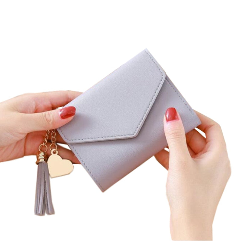 2022 Fashion Small Wallet Women Purse Simple Short Soft Pu Leather Ladies Wallet Card Holder Tassel Patchwork Tri-fold Wallet