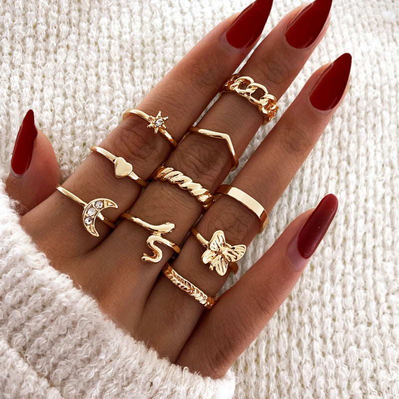 LATS Bohemian Gold Color Chain Rings Set for Women Fashion Boho Coin Snake Moon Star Rings Party 2022 Female Trend Jewelry Gifts