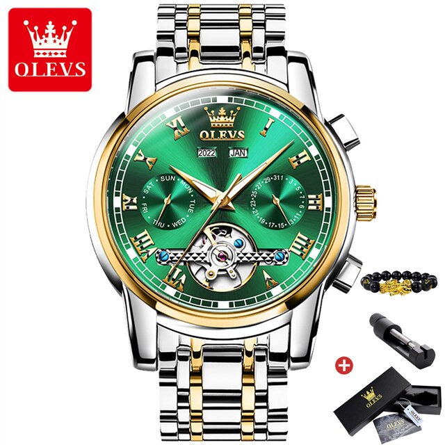 OLEVS Automatic Mechanical Watch for Men Date Calendar Skeleton Wristwatch Stainless Steel Classic Business Men&