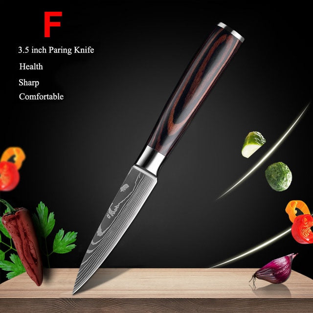 Japanese Kitchen Knife Set Laser Damascus Pattern Stainless Steel  Sharp Cleaver Slicing Utility Knives Kitchen Tools