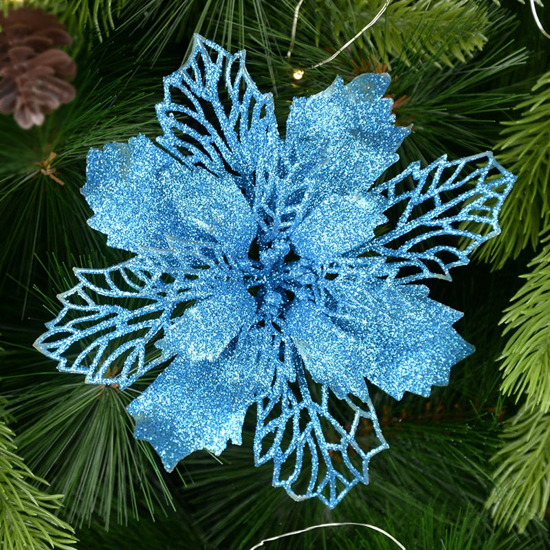 5pcs 9-16cm Glitter Artifical Christmas Flowers Christmas Tree Decorations for Home Fake Flowers Xmas Ornaments New Year Decor