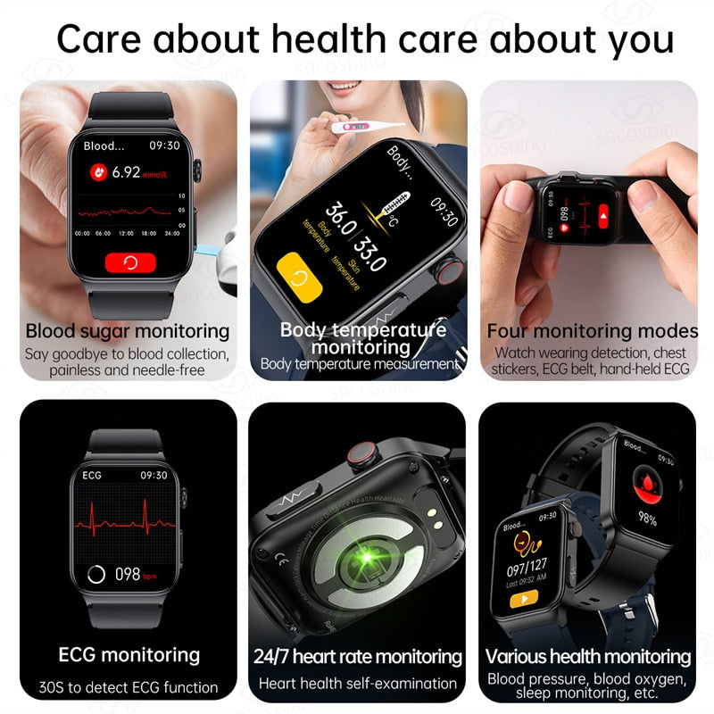 2022 NEW Blood Glucose Smart Watch Men ECG Monitor Blood Pressure Body Temperature Smartwatch IP68 Waterproof Fitness Tracker