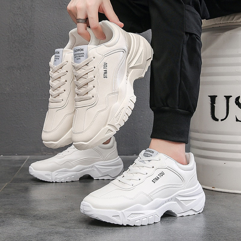 Sneakers Men Autumn 2021 New Platform Running Sports Shoes PU Leather White Lace Up Man Vulcanize Shoes Designer Chunky Sneakers