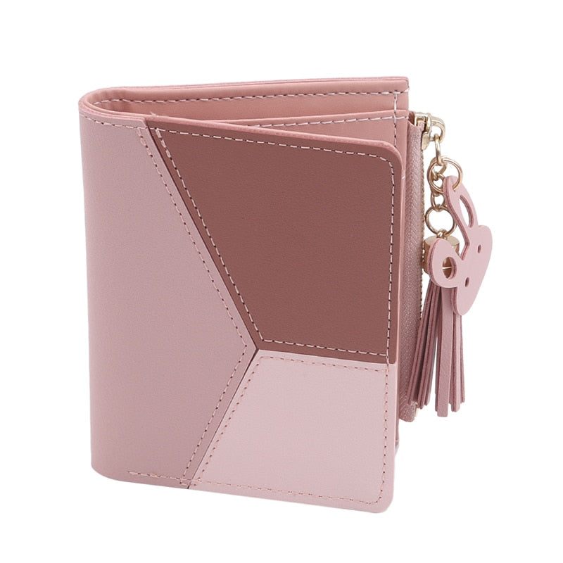 2022 Fashion Small Wallet Women Purse Simple Short Soft Pu Leather Ladies Wallet Card Holder Tassel Patchwork Tri-fold Wallet