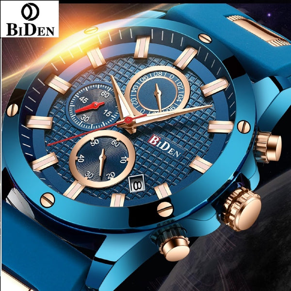 Biden Original Mens Fashion Casual Sport Japan Quartz Wristwatch Chronograph Stop Watch Calendar Luminous Hand Silicone Strap