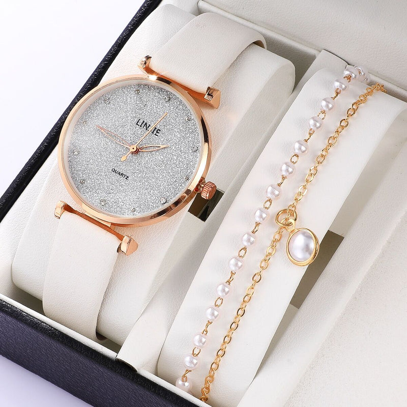 Ladies Watch Set Fashion Starry Dial Bracelet Women&#39;s Leather Strap Quartz Girl&#39;s WristWatch（No Box）