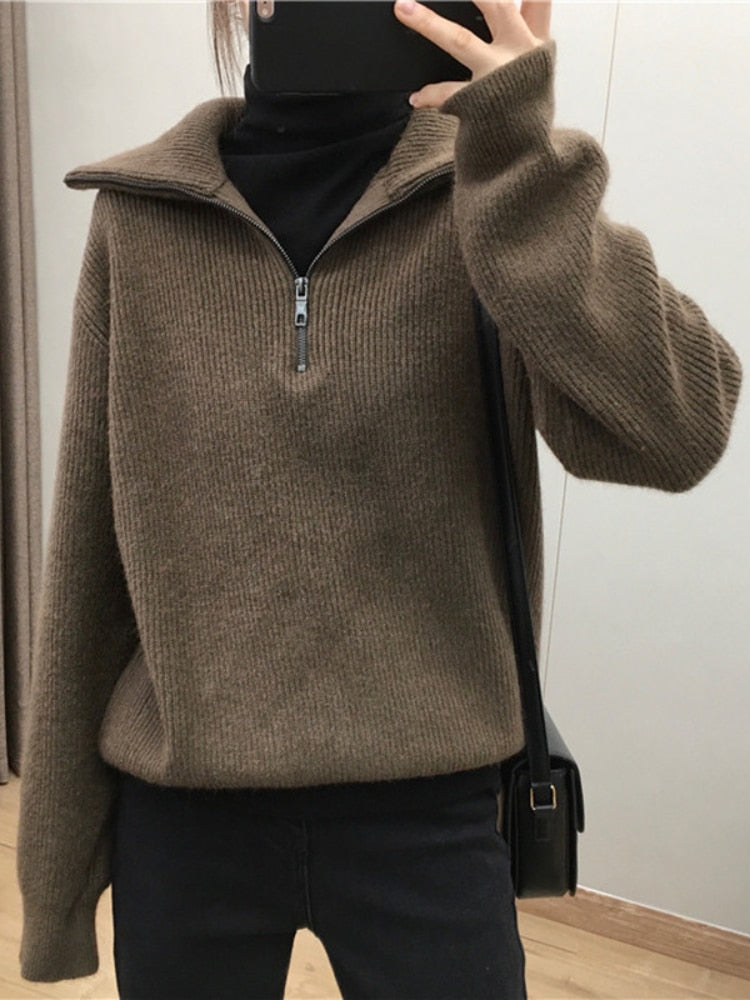 Women Sweater Oversize Zipper Knitted Pullover Long Sleeve Solid Color Loose Ladies Sweaters Autumn Winter Women&