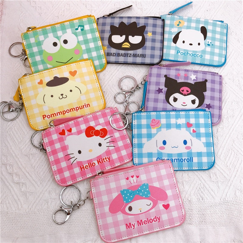 Kawaii  Sanrio Cartoon Bag Cinnamoroll Melody Pachacco Pom Pom Purin Kuromi Leather Card Holder Cute Coin Purse Keychain Pendant